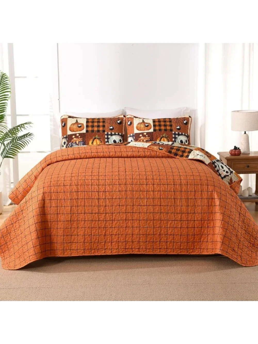Orange Halloween Queen Quilt Bedding Set - Cartoon Plaid Bedspread for Cozy